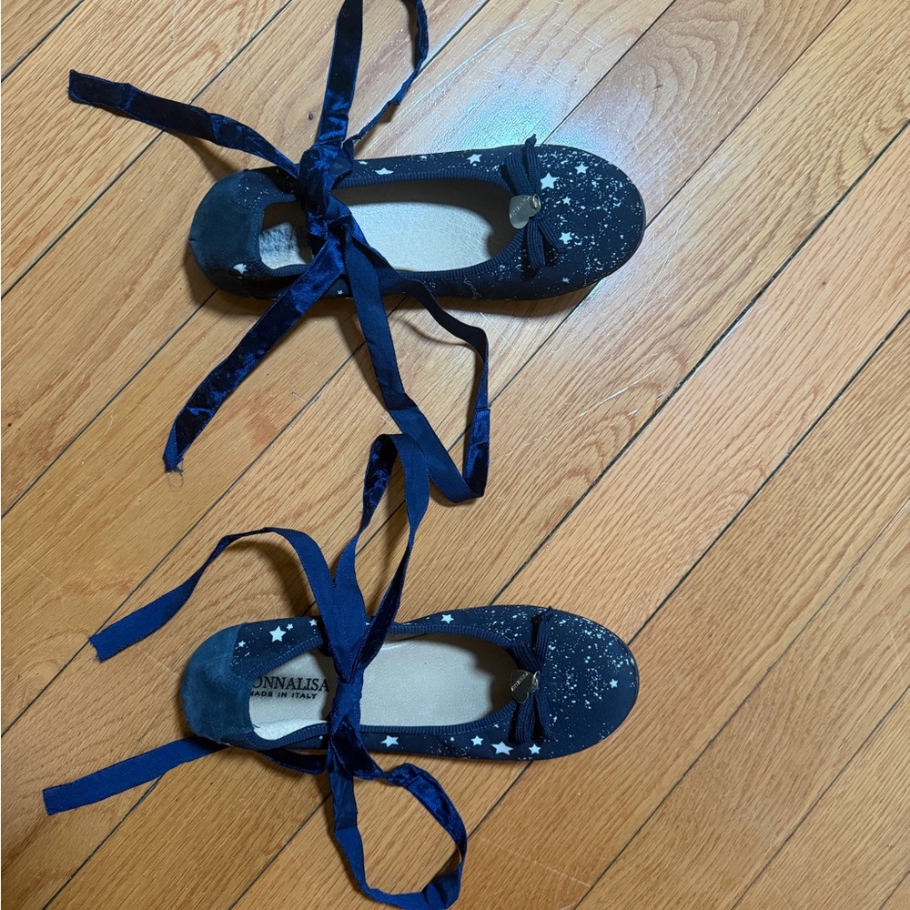 Monnalisa Navy Blue Celestial-Themed Ballet Flats with Satin Ankle Ribbons